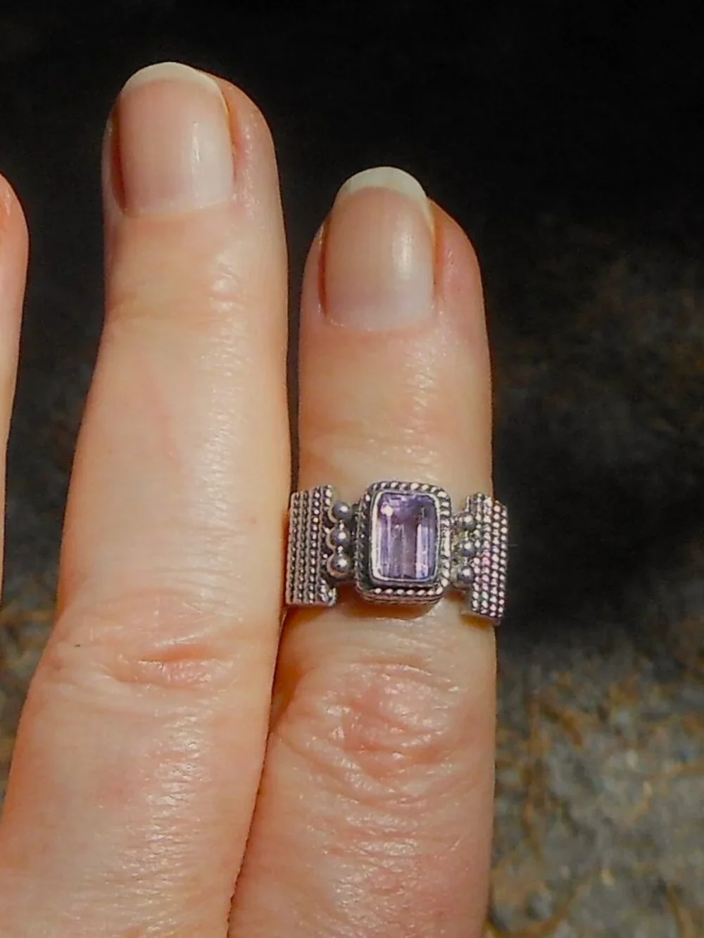 Sterling Silver Amethyst Ring - Unique Textured Design Ring Size 6 1/4